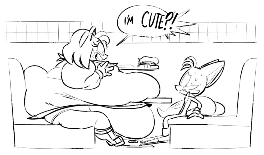 1boy 1girls ?! amy_rose anthro ass burger canine canine_humanoid english_text eyelashes fat female female_focus food fox furry gloves hairband hedgehog hedgehog_humanoid large_ass male obese obese_female overweight overweight_female scared scared_expression sega sketch sonic_(series) sonic_the_hedgehog_(series) sweating sweating_profusely tails text ultrahand wardrobe_malfunction