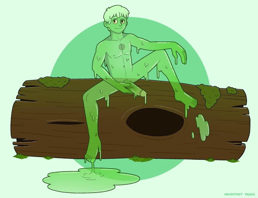 2023 bedroom_eyes digital_drawing_(artwork) digital_media_(artwork) feet genitals girly green_body green_skin hi_res hue_(theslimeguy) looking_at_viewer male male_focus male_only melting narrowed_eyes naughty_prince not_furry penis puddle seductive shaded slim slime_core smile solo