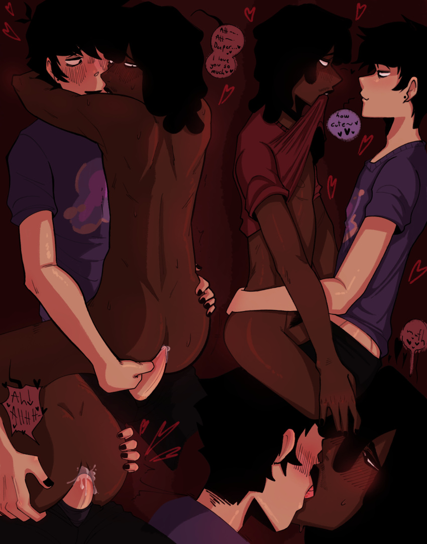 arms_around_neck bigsyo black_hair black_skin boy_on_top boyfriends cum_inside dreads fully_nude gay gay_anal gay_sex holding_ass holding_shirt_with_mouth holding_up_shirt kissing makeout no_pants oc on_top original_characters penetration pulling_shirt_up red_shirt riding teasing tongue_kiss white_skin yaoi