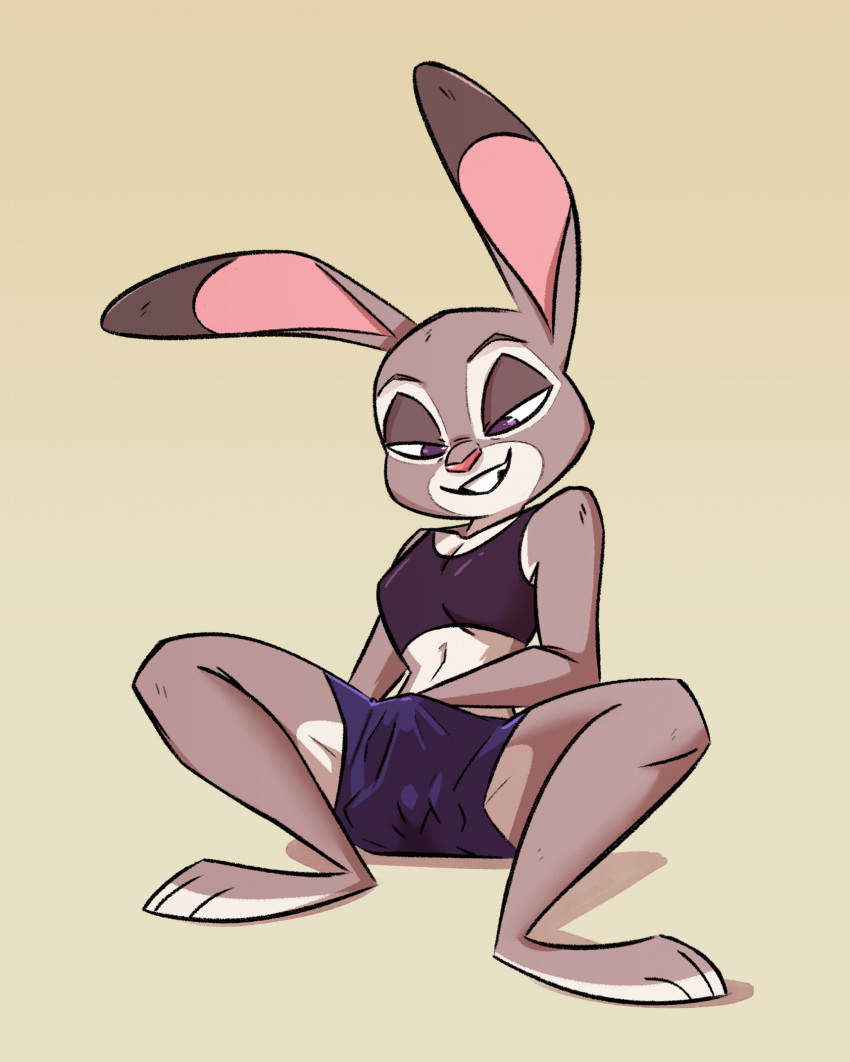 2023 anthro barefoot bottomwear clothed clothed_masturbation clothing crop_top disney ears_up feet female fluttershythekind front_view full-length_portrait fur grey_body grey_fur grin hand_in_pants hi_res judy_hopps lagomorph leporid mammal masturbation midriff portrait purple_eyes rabbit shirt shorts sitting smile solo topwear vaginal_masturbation vaginal_penetration zootopia