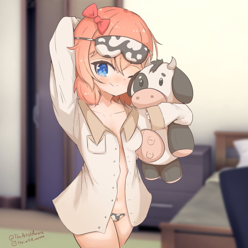 artist_name bed bedroom big_eyes blue_eyes blurred_background bow cow_horns cow_plush cow_print cow_print_panties cute doki_doki_literature_club english_text hairbow horns hugging_plushie instagram_username just_sayori loose_clothes mr._cow_(doki_doki_literature_club) mr.cow neoteny no_nose one_eye_closed panties petite petite_female plush plushie red_bow red_hair_bow red_hairbow red_ribbon sayori_(doki_doki_literature_club) sleep_mask sleeves_past_wrists small_horns strawberry_blonde_hair text theartistaurora twitter_username udders wholesome