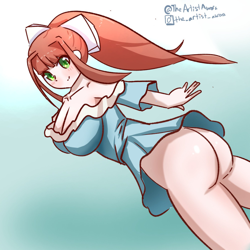 1girls artist_name ass ass breasts cleavage doki_doki_literature_club dress english_text female green_eyes instagram_username long_hair monika_(doki_doki_literature_club) no_panties text theartistaurora twitter_username