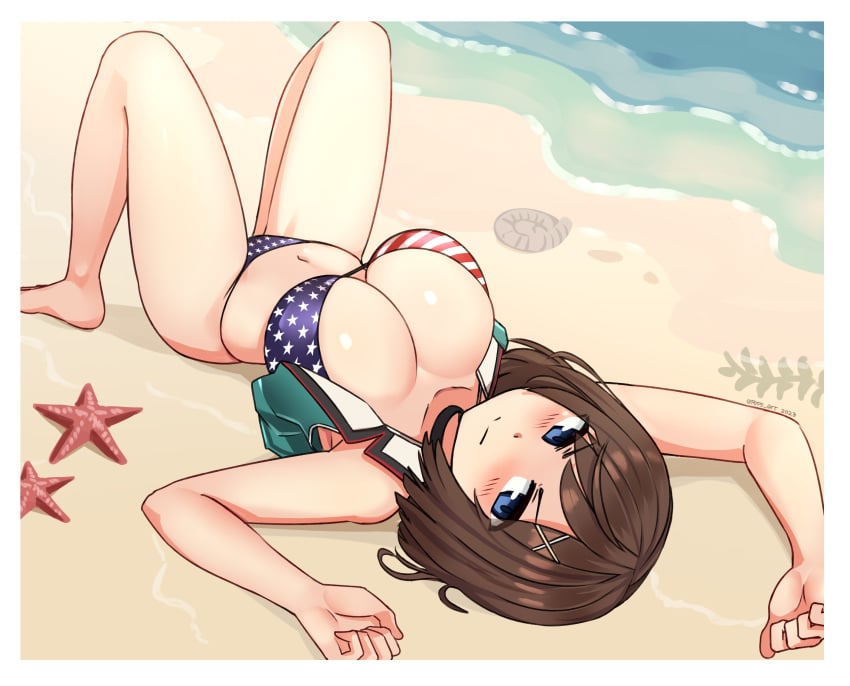 2023 absurdres american_flag_bikini artist_name beach bikini blue_eyes blush breasts brown_hair cleavage closed_mouth collared_vest female flag_print hair_ornament hairclip highres huge_breasts kantai_collection looking_at_viewer lying maya_(kantai_collection) navel ocean on_back peps_art seaweed shell short_hair sleeveless solo starfish swimsuit twitter_username vest water x_hair_ornament