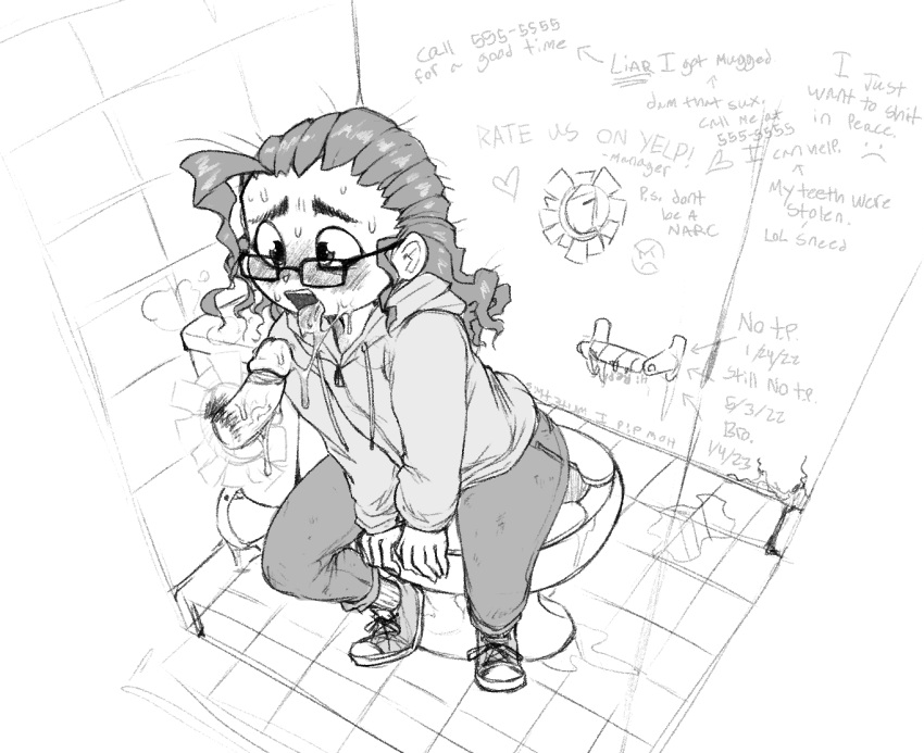 after_oral bathroom clothed clothed_sex dark_hair drool drooling glasses glory_hole graffiti leg_(mcsweezy) mcsweezy messy_hair monochrome toilet tongue tongue_out