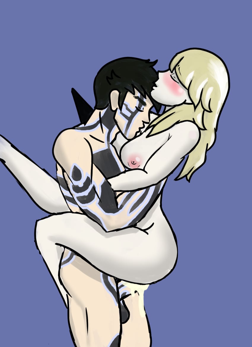 1boy 1girls areolae black_hair blonde_hair blush breasts cum cum_in_pussy cum_inside demi-fiend demon kingfrost70 kissing_chest leg_around_waist louis_cyphre lucifer_(megami_tensei) megami_tensei neck_spike nipples penis sex shin_megami_tensei shin_megami_tensei:_imagine shin_megami_tensei_iii:_nocturne shiny_skin short_hair standing_sex tattoo vaginal_sex