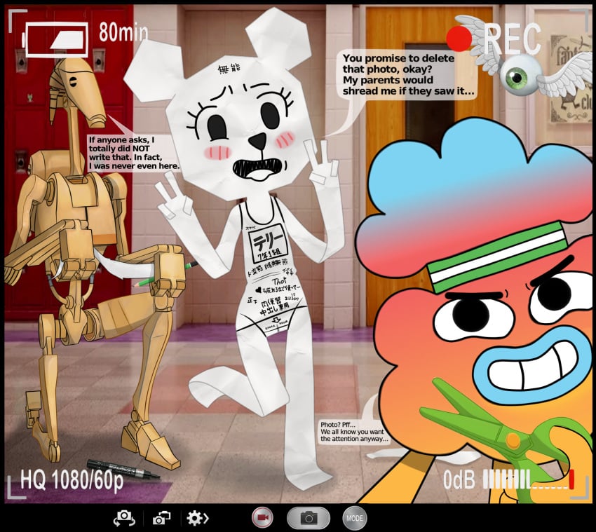 2boys b1_battle_droid battle_droid bunnyinquisitor clone_wars crossover dialogue funny hallway school speech_bubble star_wars tawog teri_(tawog) the_amazing_world_of_gumball tobias_wilson