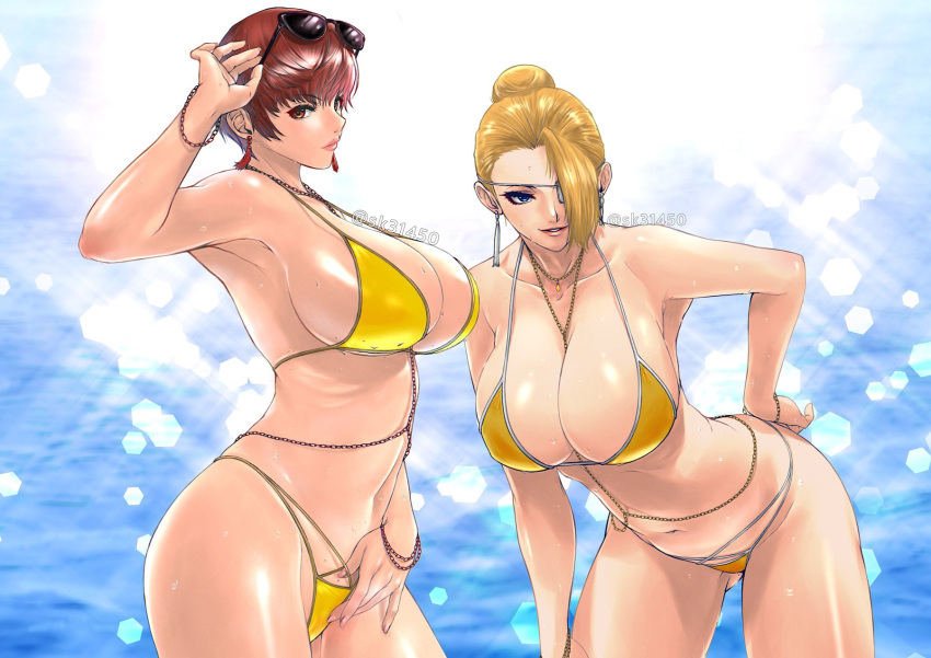 2girls bikini blonde_hair blue_background bracelet brown_hair bun_hair clavicle cleavage cowboy_shot earrings eyepatch female female_only huge_breasts king_of_fighters leaning_forward lifting_sunglasses looking_at_viewer mature_(kof) navel one_eye_covered one_eye_obstructed short_hair sk31450 snk sunglasses swimsuit vice_(kof) wet yellow_bikini