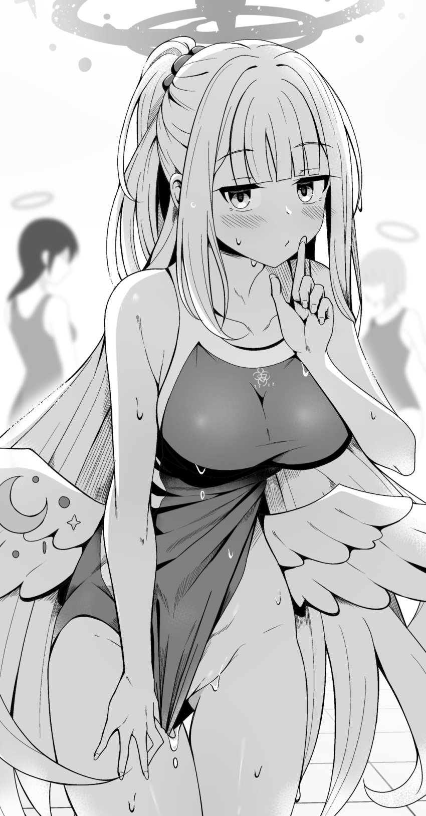 angel_wings blue_archive blunt_bangs blurry blurry_background blush breasts cleft_of_venus collarbone female finger_to_mouth flashing greyscale groin halo highres karikura_(atatata71) large_breasts long_hair looking_at_viewer mika_(blue_archive) monochrome people school_swimsuit shushing simple_background swimsuit swimsuit_tug tea_party_(blue_archive) tile_floor tiles trinity_general_school_logo_(blue_archive) trinity_general_school_student trinity_general_school_swimsuit very_long_hair water_drop wings