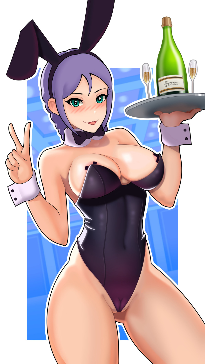 breasts bunnysuit female female_only fully_clothed mwxxxart nipple_tape oc open_mouth original original_character revealing_clothes skimpy_clothes solo solo_female tagme tray v waitress