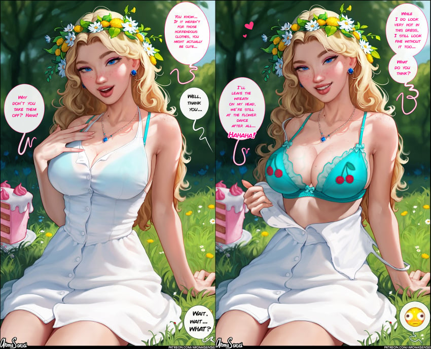 1girls aroma_sensei background big_ass big_breasts blonde_hair blue_eyes bra breasts busty cake cleavage curvaceous curvy curvy_figure cute cute_face digital_media_(artwork) dress emoji english_text eyebrows eyelashes eyes female female_focus fit fit_female food hair haley_(stardew_valley) hips hourglass_figure human large_breasts legs light-skinned_female light_skin lips long_hair mature mature_female plump_lips sitting slim slim_waist solo stardew_valley straight thick thick_legs thick_lips thick_thighs thighs top_heavy transparent_clothing undressing upper_body voluptuous waist wide_hips