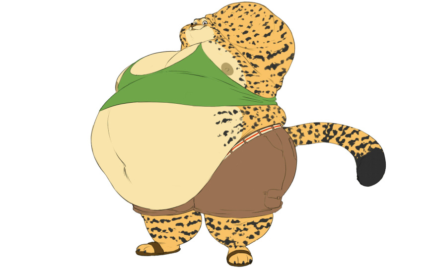 after_vore belly belly_button benjamin_clawhauser big_belly cheetah fat hand_on_head huge_belly itzcharlie kosmonius male male_only moobs morbidly_obese morbidly_obese_male nipples obese obese_male oral_vore overweight overweight_male shorts solo solo_male tank_top vore zootopia