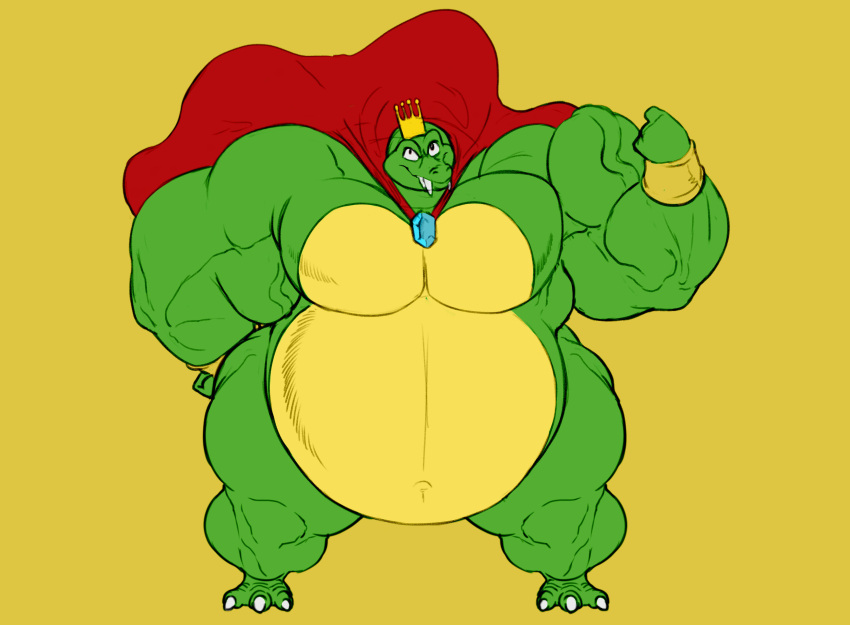 anthro belly big_belly big_muscles cape crocodilian crown donkey_kong_(series) flexing huge_biceps huge_muscles itzcharlie k_rool kosmonius looking_at_viewer male male_only musclegut scalie solo solo_male thick_thighs