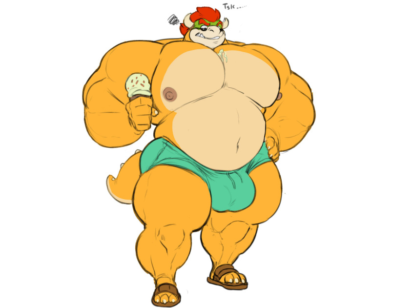 belly belly_button big_bulge bowser bulge ice_cream itzcharlie koopa kosmonius male male_only mario_(series) musclegut muscles muscular muscular_male nintendo nipples scalie shirtless shorts solo solo_male text thick_thighs