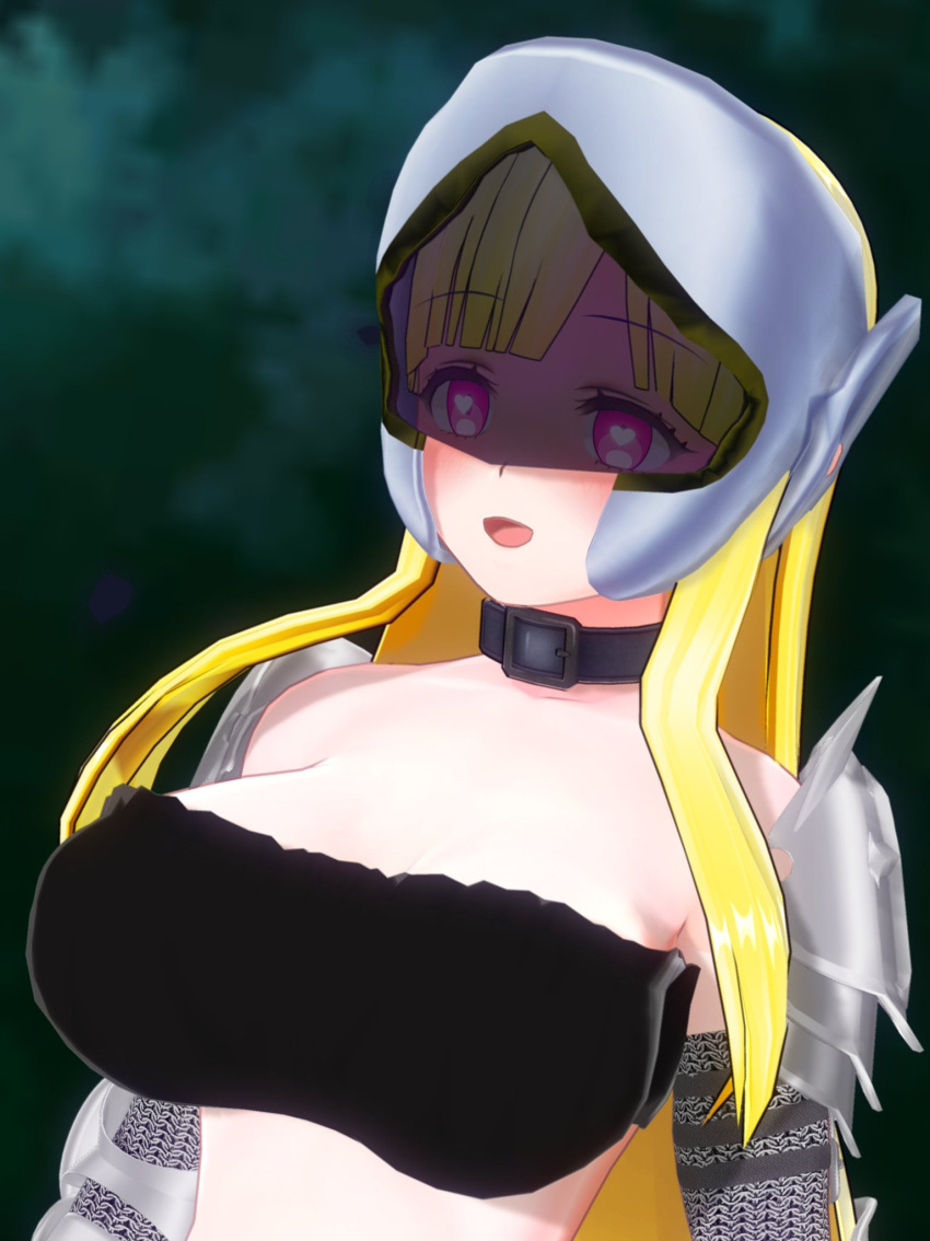 1girls 3d alternate_costume alternate_eye_color armor armored_gloves artist_request big_breasts black_summoner blank_eyes blonde_hair bra breasts efil elf elf_female elf_girl eyebrows_visible_through_hair female female_focus female_only heart-shaped_pupils heart_eyes helmet hypnosis kuro_no_shoukanshi mouth_open open_mouth pink_eyes solo solo_female solo_focus strapless_bra top_view transforming_into_combatant