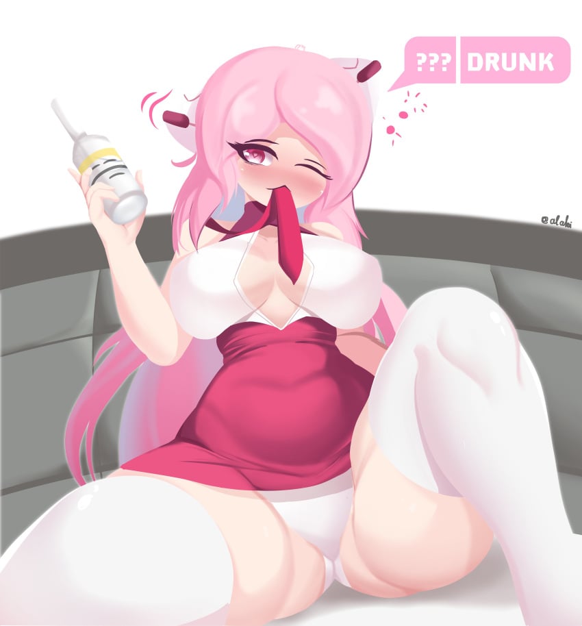 ??? alaki_zezo alcohol alcoholic_drink ami_(gwain_saga) bangs big_breasts bottle bottom_heavy breasts child_bearing_hips couch drunk gwain_saga inner_sideboob large_breasts long_hair looking_at_viewer panties pink_eyes pink_hair pink_tie seductive seductive_look sitting status_effect stockings thick_thighs thunder_thighs tie white_panties white_stockings wide_hips