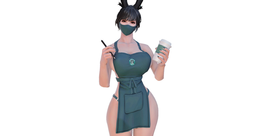 apron apron_only barista big_ass big_breasts big_butt employee employee_uniform face_markings face_mask final_fantasy final_fantasy_xiv iced_latte_with_breast_milk starbucks viera