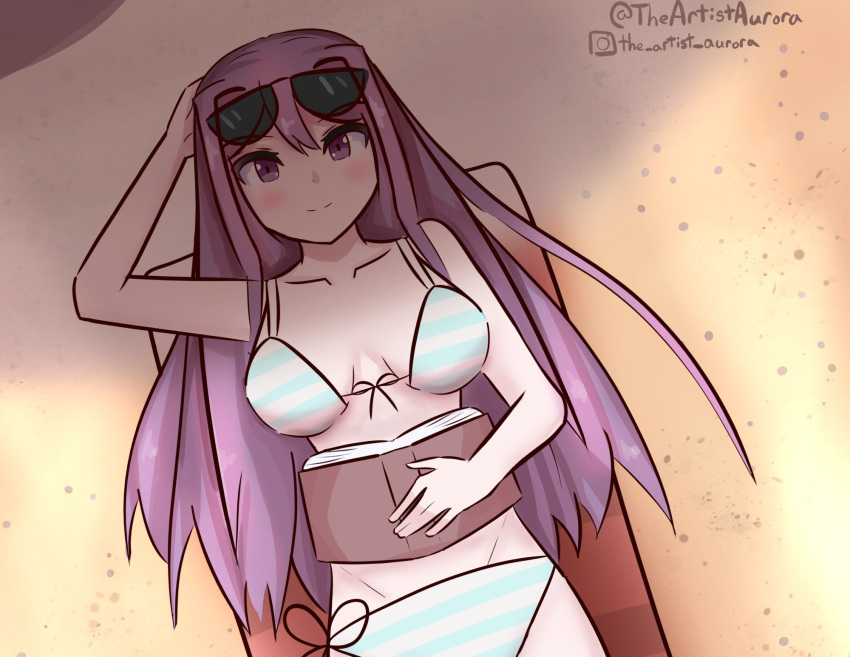 1girls 5_fingers bikini bikini_bottom bikini_top book doki_doki_literature_club english_text female glasses instagram_username long_hair purple_eyes purple_hair sand shadow text theartistaurora twitter_username yuri_(doki_doki_literature_club)