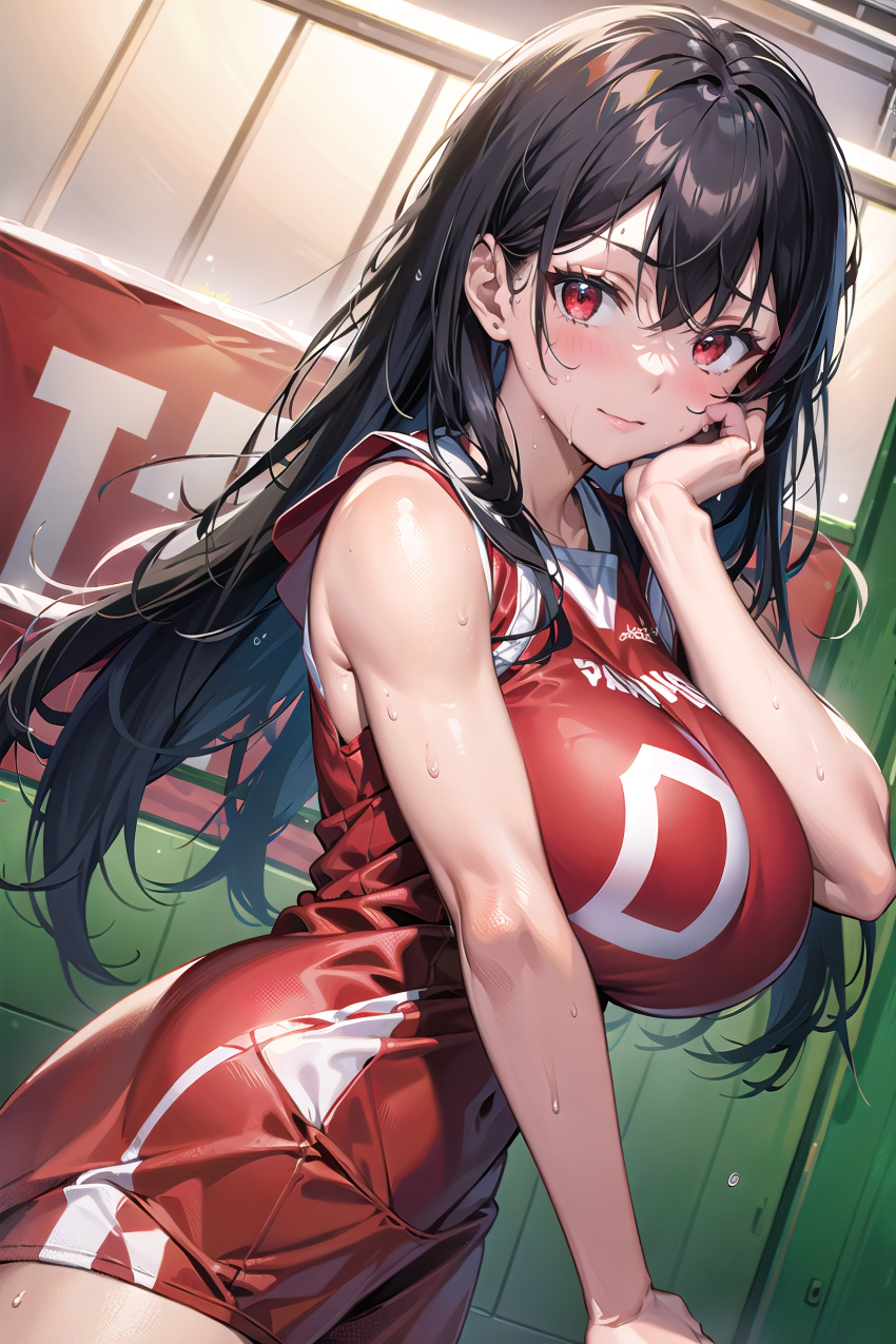 1girls ai_generated black_hair curvy_body curvy_figure female_only huge_breasts solo_focus stable_diffusion volleyball_uniform voluptuous voluptuous_female