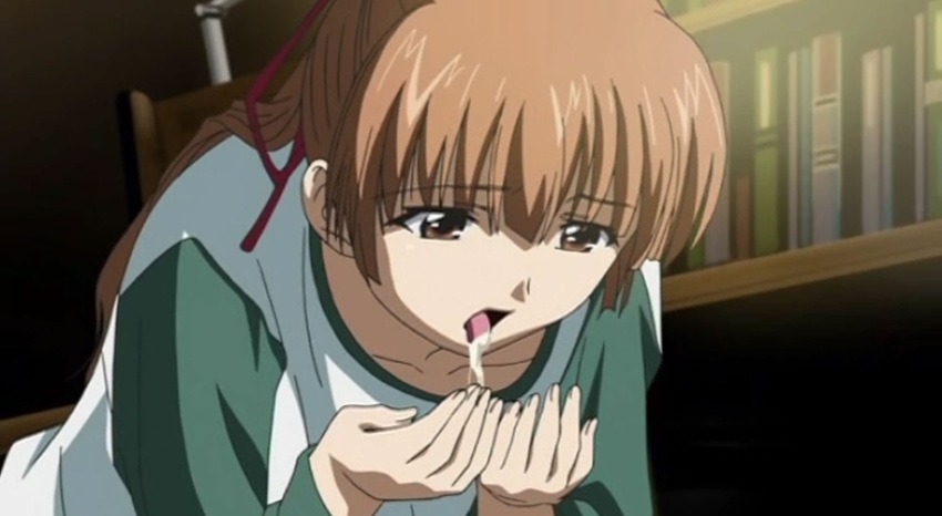 brown_eyes brown_hair clothing cum cum_in_hands cum_in_mouth hizuki_mitsuna ringetsu screen_capture