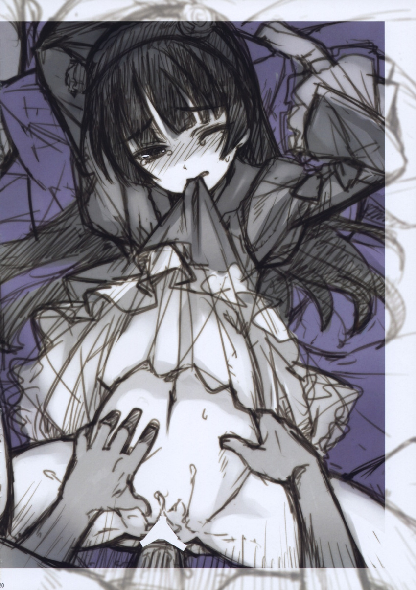 arms_up bed black_hair blush bottomless dress dress_lift flower gokou_ruri gothic_lolita hair_flower hairband lolita_fashion long_hair lying matsuryuu monochrome mouth_hold navel nopan on_back ore_no_imouto_ga_konna_ni_kawaii_wake_ga_nai paipan penis sex sketch sweat tear vaginal_penetration wink