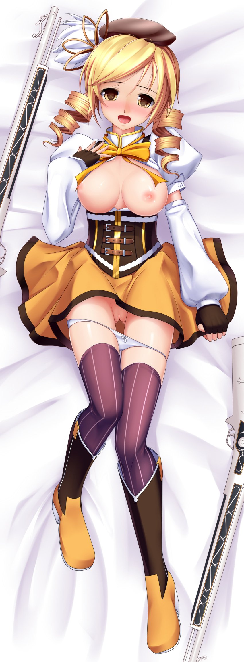 1girls blonde_hair body_pillow bodypillow bow_tie breasts dakimakura dakimakura_design eto fingerless_gloves gun hat highres looking_at_viewer mahou_shoujo_madoka_magica musket orange_eyes pussy shoes skirt striped_legwear thighhighs tomoe_mami twintails uncensored wavy_hair weapon