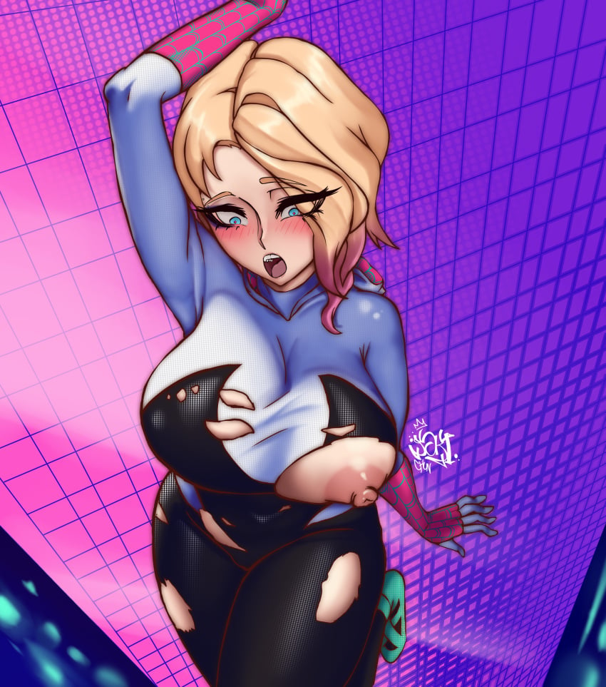 blonde_hair blue_eyes blush blushing eyebrow_piercing female female_only gwen_stacy huge_breasts marvel nipples_visible_through_clothing ripped_clothing spider-gwen spider-man:_across_the_spider-verse spider-man_(series) surprised yaki_chun