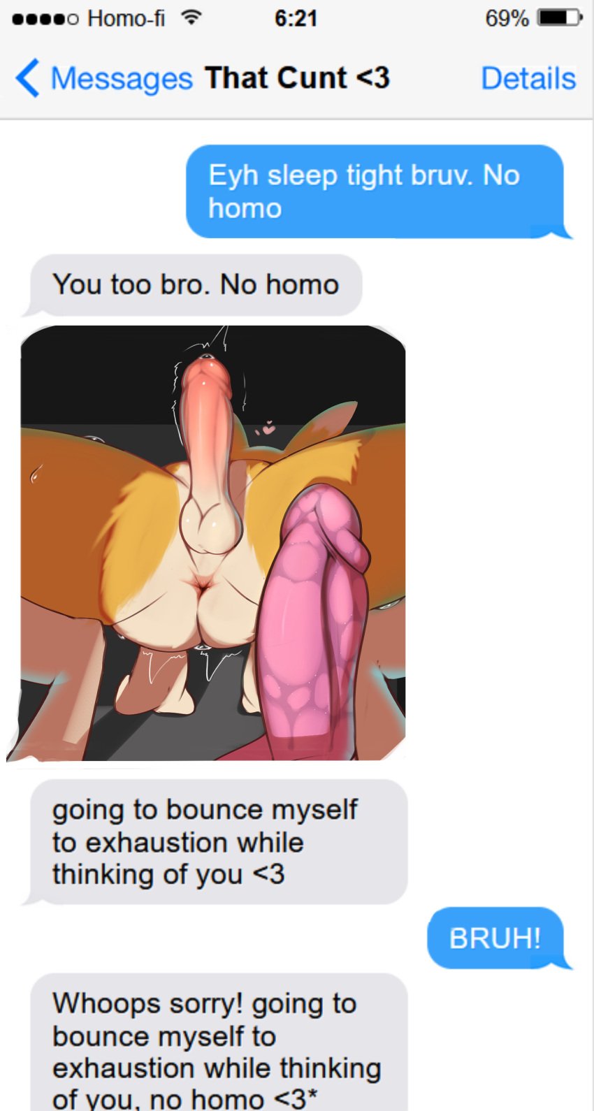 absurd_res all_fours anthro anus bandai_namco bodily_fluids dialogue digimon digimon_(species) dildo genital_fluids genitals heart hi_res humor jarlium lube male male_only no_homo penis phone precum quality renamon sex_toy shaded solo solo_focus sweat sweatdrop text text_message texting