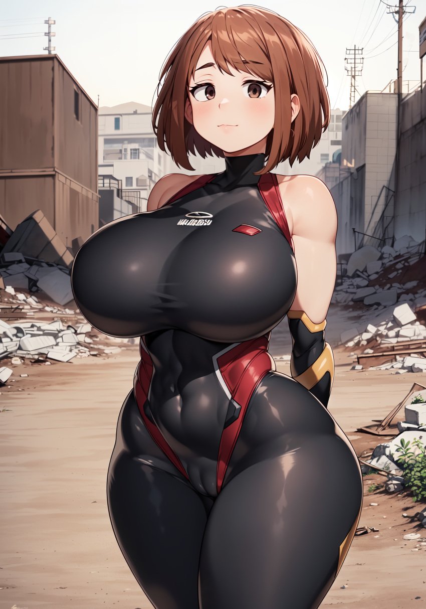 1girls ai_generated alternate_ass_size alternate_body_type alternate_breast_size alternate_costume alternate_thigh_size arms_behind_back big_breasts big_thighs black_clothing breasts breasts_bigger_than_head brown_eyes brown_hair brown_pupils clothed clothed_female day daytime detailed_background female female_focus female_only hand_behind_back hands_behind_back high_resolution highres huge_breasts huge_thighs human human_only large_breasts large_thighs latex latex_clothing light-skinned_female light_skin looking_at_viewer my_hero_academia oatmealdood ochako_uraraka pussy red_cheeks short_hair shounen_jump smile smile_at_viewer smiley_face smiling smiling_at_viewer solo solo_female solo_focus standing thick_female thick_thighs thighs vagina voluptuous voluptuous_female wide_hips