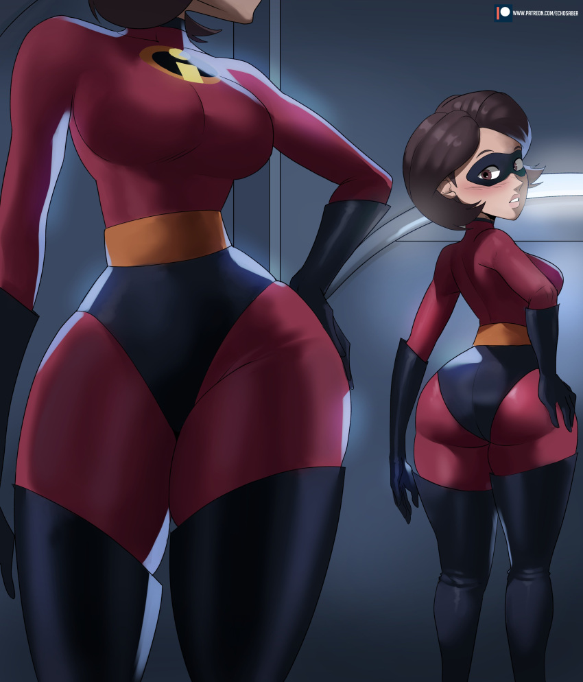 ass brown_hair canonical_scene disney echosaber elastigirl female helen's_ass_check helen_parr mirror pixar short_hair smooth_skin solo teeth the_incredibles the_incrediblesrnelastigirl_ass_redraw