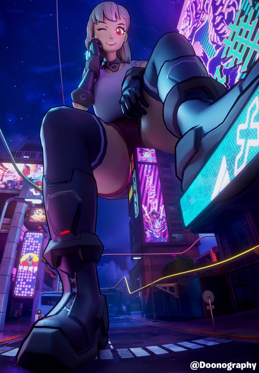 building city cyberpunk doonography fortnite fortnite:_battle_royale giantess huge_breasts huge_legs huge_nipples lexa_(fortnite) looking_at_viewer neon_lights sitting_on_building smirking_at_viewer stomping thick_thighs