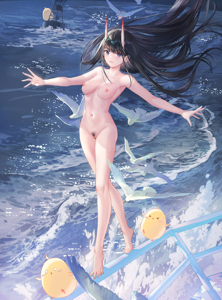 2_horns atdan azur_lane bird black_hair horns manjuu_(azur_lane) noshiro_(azur_lane) nude oni_horns pubic_hair purple_eyes sea standing very_long_hair wave