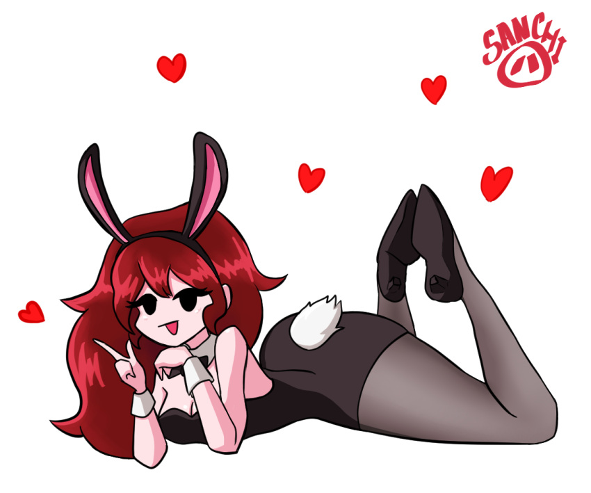 ass auburn_hair big_ass bowtie bunny_ears bunny_girl bunny_tail bunnysuit female friday_night_funkin girlfriend_(friday_night_funkin) heart heels leotard long_hair lying_on_ground neck_cuff pantyhose red_hair sanchi smile smiling thick_thighs wrist_cuffs