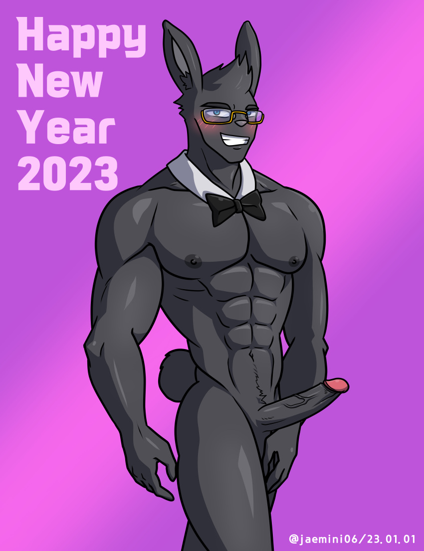 abs absurd_res alkan anthro black_body black_fur blue_eyes bow_tie bow_tie_only english_text erection eyewear fur genitals glasses hi_res holiday_message holidays lagomorph leporid male mammal mostly_nude muscular muscular_anthro muscular_male navel new_year nipples nude nude_anthro nude_male pecs penis rabbit solo text