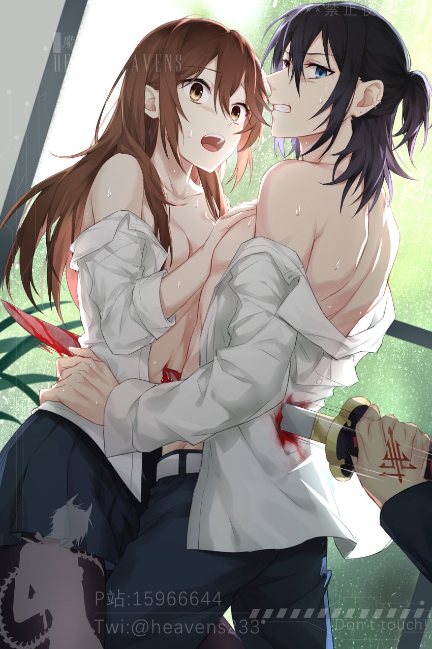 1boy absurdres black_hair blood blush breasts brown_eyes brown_hair couple devil_heavens female gasp guro hand_on_another's_chest hand_on_another's_hip highres hori-san_to_miyamura-kun hori_kyouko horimiya impaled injury medium_breasts miyamura_izumi ryona school_uniform shirt_down skirt stab surprised sweat sword teeth