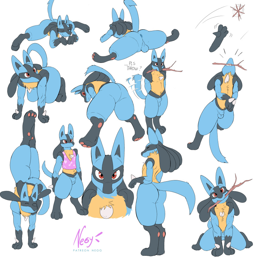 2023 absurd_res animal_genitalia anthro anus ass backsack balls behaving_like_a_dog biped black_body black_fur blue_body blue_fur bottomless bottomless_anthro bottomless_male clothed clothing digital_media_(artwork) digitigrade fully_sheathed fur generation_4_pokemon genitals handstand hi_res lucario male negger nintendo nude_anthro nude_male pawpads paws pokemon pokemon_(species) sheath simple_background solo spread_legs spreading standing stick_in_mouth tail tail_motion tailwag white_background yellow_body yellow_fur