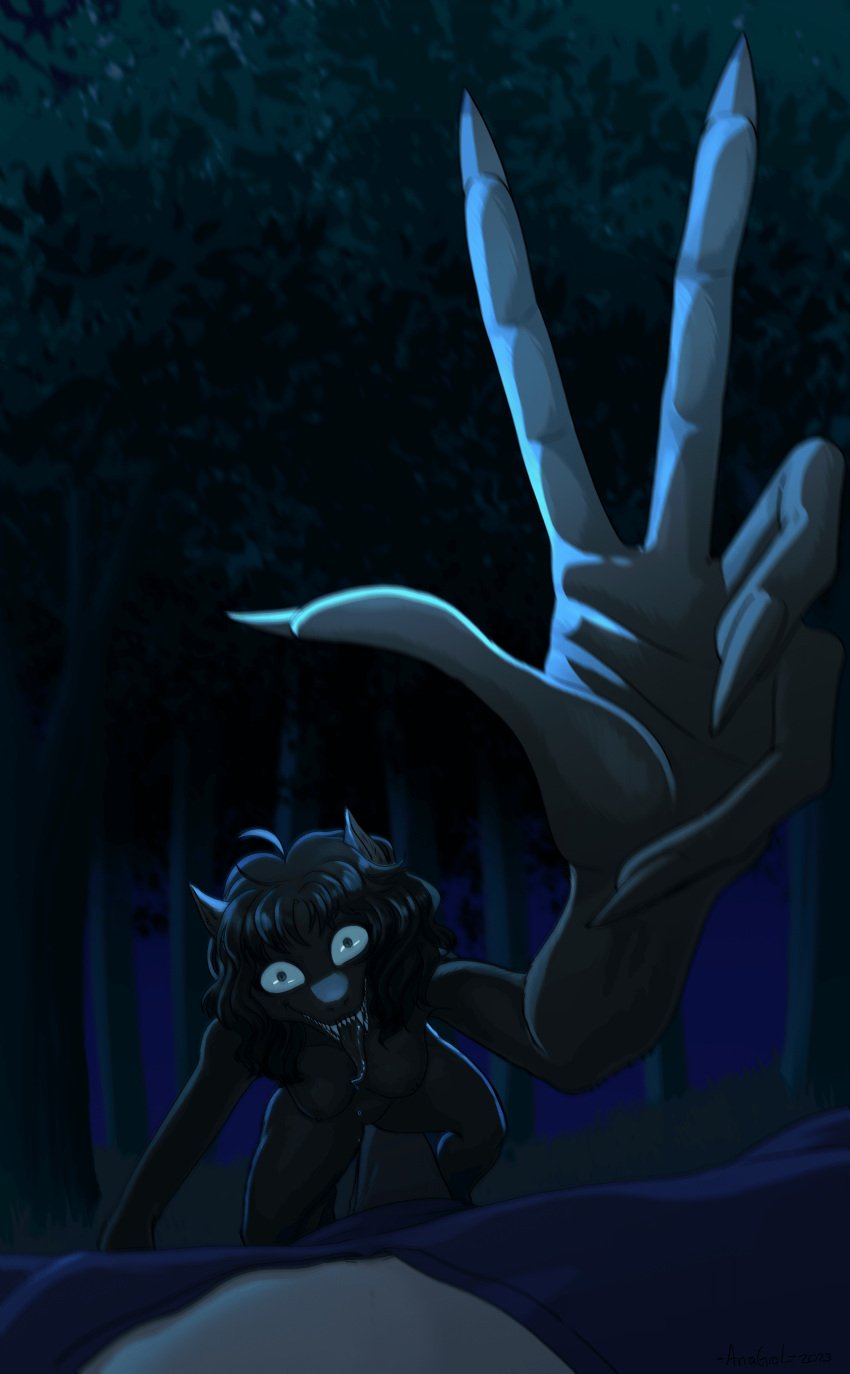 absurd_res anagrol anthro black_body black_fur black_hair breasts claws duo ears_up eldritch_abomination fangs female first_person_view forest forest_background fur green_eyes hair hi_res human leo_(napalm_express) long_fingers looking_at_viewer male male/female mammal maniac missy_(napalm_express) monster nature nature_background night nipples plant predatory_look teeth tongue tongue_out tree