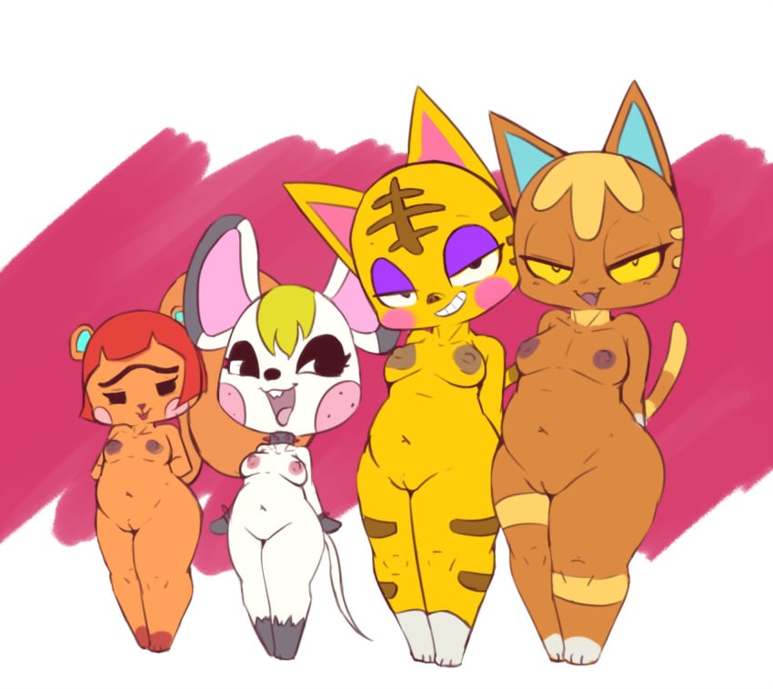 animal_crossing anthro bella_(animal_crossing) breasts buckteeth collar domestic_cat felid feline felis female freckles fur genitals grin group hands_behind_back hazel_(animal_crossing) katt_(animal_crossing) larger_female looking_at_viewer mammal mouse murid murine nintendo nipple_outline nude open_mouth open_smile pussy rodent sciurid simple_background size_difference slightly_chubby smaller_female smile smug squirrel tabby_(animal_crossing) teeth thick_thighs tongue tongue_out tree_squirrel unibrow video_games vono wide_hips