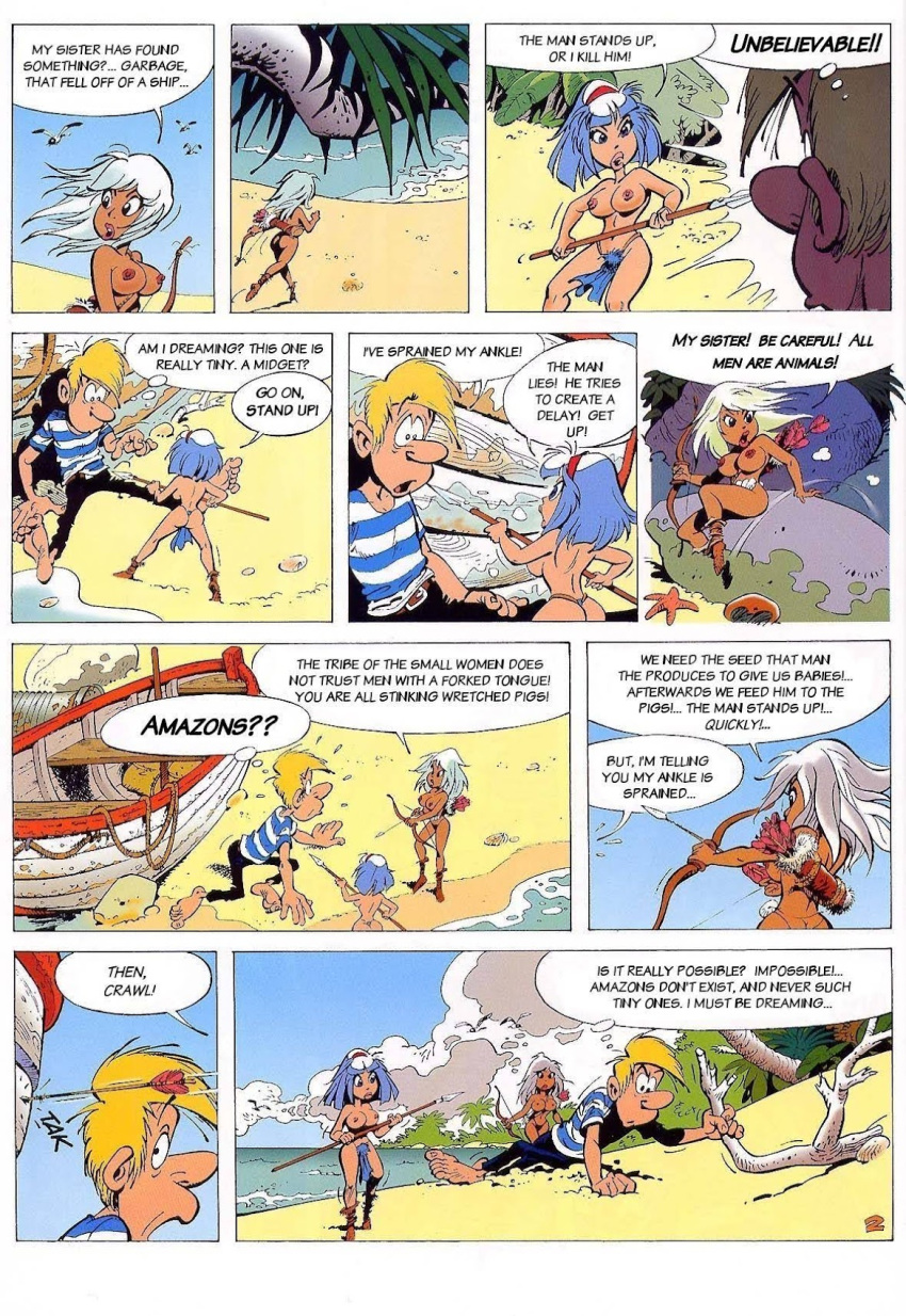 1990s 1999 1boy 20th_century 2girls amazon ass beach blue_hair boat breasts bubble_ass bubble_butt castaway clothed_male comic comic_page curvy curvy_body curvy_female curvy_figure dialogue dominant_female island jungle light-skinned_female light-skinned_male loincloth loincloth_only nipples nude nude_female nude_female_clothed_male page_2 pierre_seron pubic_hair_peek rowboat shipwreck smaller_female tan-skinned_female unshaved_pussy weapons white_hair