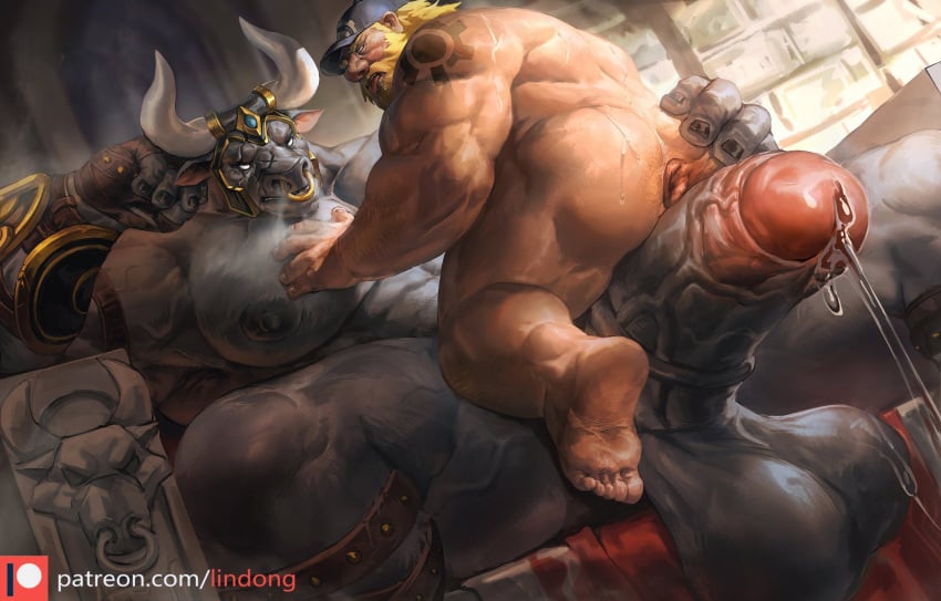 alternate_species anthro anthro_dominating_human anus arm_tattoo armor ass back_muscles balls big_balls big_dom_small_sub big_muscles big_pecs big_penis black_body black_fur blizzard_entertainment blonde_hair blush bodily_fluids bovid bovine breath clothing dominant dominant_anthro dominant_male dripping duo erection european_mythology facial_piercing fur genital_fluids genitals greek_mythology hair hand_behind_head hand_on_chest hat headgear headwear helmet hi_res holding_partner horn hot_dogging human human_on_anthro imminent_anal interspecies larger_anthro larger_male lindong male male/male male_only mammal minotaur minotaur_reinhardt muscular muscular_anthro muscular_human muscular_male mythology nose_piercing nose_ring nude open_mouth overwatch pecs penis piercing precum precum_drip reinhardt reinhardt_(overwatch) ring_piercing sex sitting sitting_on_another sitting_on_penis size_difference smaller_human smaller_male snort submissive submissive_human submissive_male sweat tattoo tongue tongue_out torbjörn