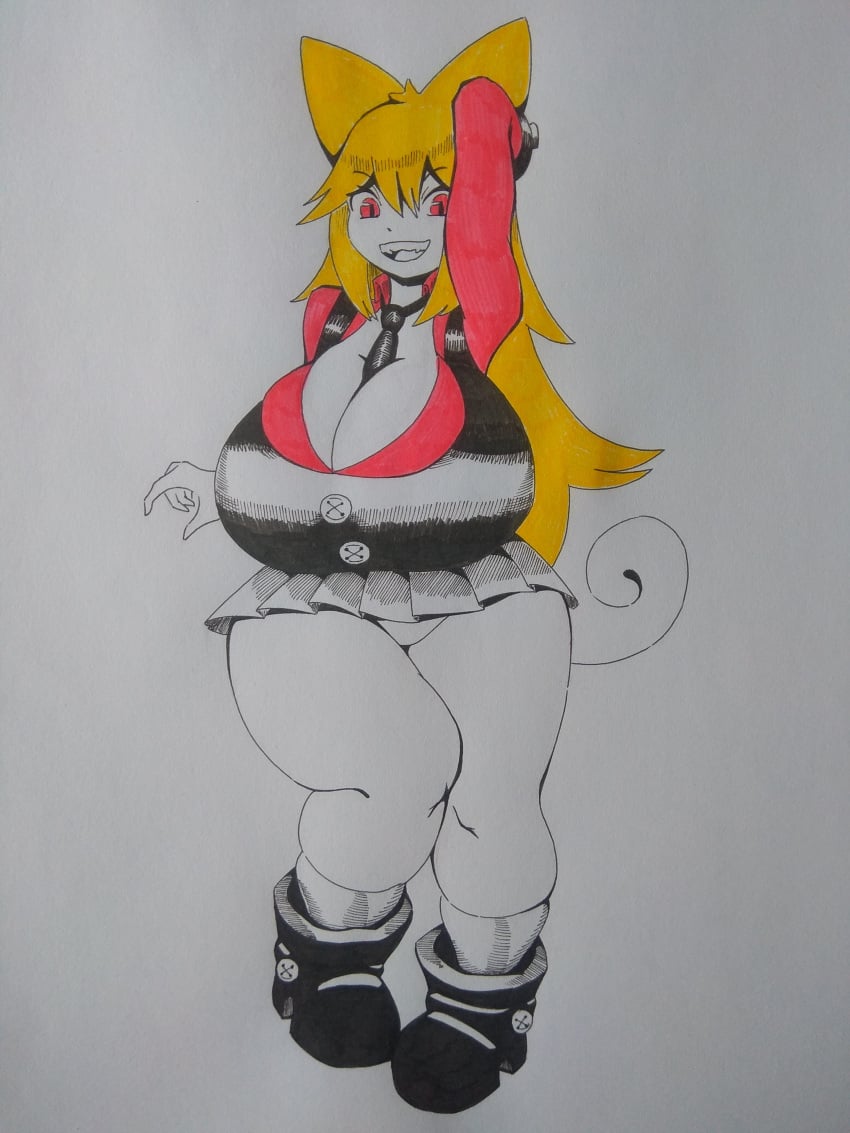 animal_ears animal_tail blonde_hair breasts cat_ears cat_tail catgirl cleavage clothed dragseron funamusea large_breasts long_hair moge-ko mogeko_castle necktie pose red_eyes suggestive thick_thighs thighs traditional_media_(artwork) vest