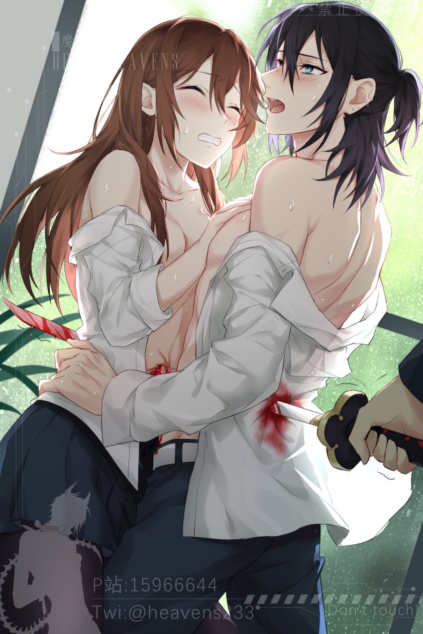 1boy absurdres black_hair blood blush breasts brown_eyes brown_hair couple devil_heavens female guro hand_on_another's_chest hand_on_another's_hip heavy_breathing highres holding holding_sword holding_weapon hori-san_to_miyamura-kun hori_kyouko horimiya impaled injury katana medium_breasts miyamura_izumi pain pixiv_id ryona school_uniform shirt_down skirt sweat sword twitter_username weapon