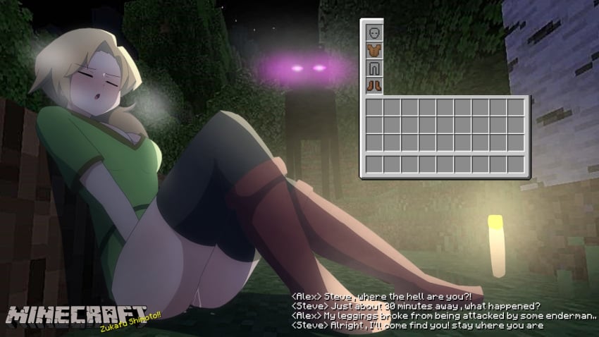 1boy 1girls alex_(minecraft) boots bottomless enderman exhibitionism female_masturbation masturbation minecraft mojang night orange_hair shirt thighhighs watching zukafu_shimoto