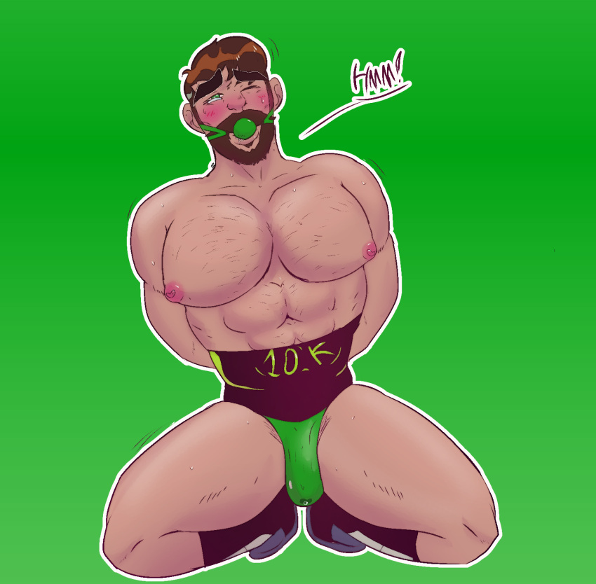 1boy bara beard ben_10 ben_10000 ben_10_omniverse ben_tennyson blush bondage boner brown_hair chest_hair dilf drooling erection gag gag_bondage gagged_speech green_background green_ball_gag green_eyes hairy handcuffed heart_nipples male male_only mouth_gag mouth_mask muscular niz precum shaking shaking_lines shiny_skin shivering shoes simple_background solo solo_focus solo_male sweat tearing_up thong