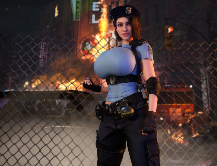 1girls 3d 3d_(artwork) alternate_breast_size big_breasts breasts breasts_bigger_than_head capcom clothed clothed_female female female_only female_solo fence fingerless_gloves gloves hat huge_breasts human human_female human_only human_solo jill_valentine large_breasts looking_at_viewer resident_evil resident_evil_3 resident_evil_3_remake solo solo_female vaako