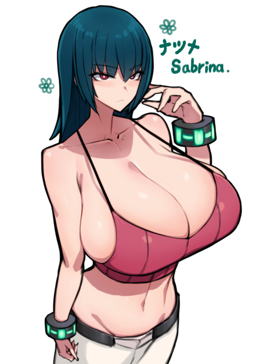 1girls belt belt_buckle breasts breasts_bigger_than_head cable_knit camisole cleavage cleavage_overflow crop_top female game_freak green_hair gym_leader hip_cleavage huge_breasts large_breasts long_hair low_rise low_rise_jeans navel nintendo pokemon pokemon_rgby red_eyes sabrina_(pokemon) sabrina_(pokemon_hgss) slim_waist sweater tank_top taut_belly thick_thighs thighs tight_clothing white_pants wolffeld_price