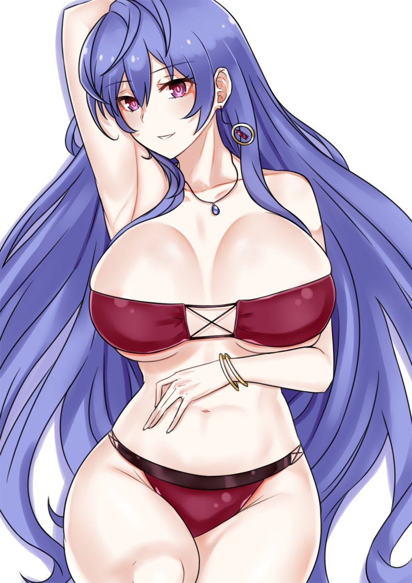 1girls arm_up armpit armpits big_breasts cleavage earring goddess iris_heart light-skinned_female light_skin long_hair looking_at_viewer neptunia_(series) pink_eyes plutia power_symbol-shaped_pupils purple_hair red_panties simple_background smile solo straight_hair thick_thighs zatsu