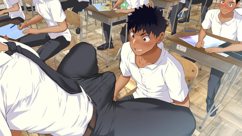 blush classroom danzi_engine erection erection_under_clothes exhibitionism fully_clothed gay male_only school shiba_yuuji spread_legs staring staring_at_erection staring_at_penis student student_and_teacher sweatdrop teacher teacher_and_student tight_pants