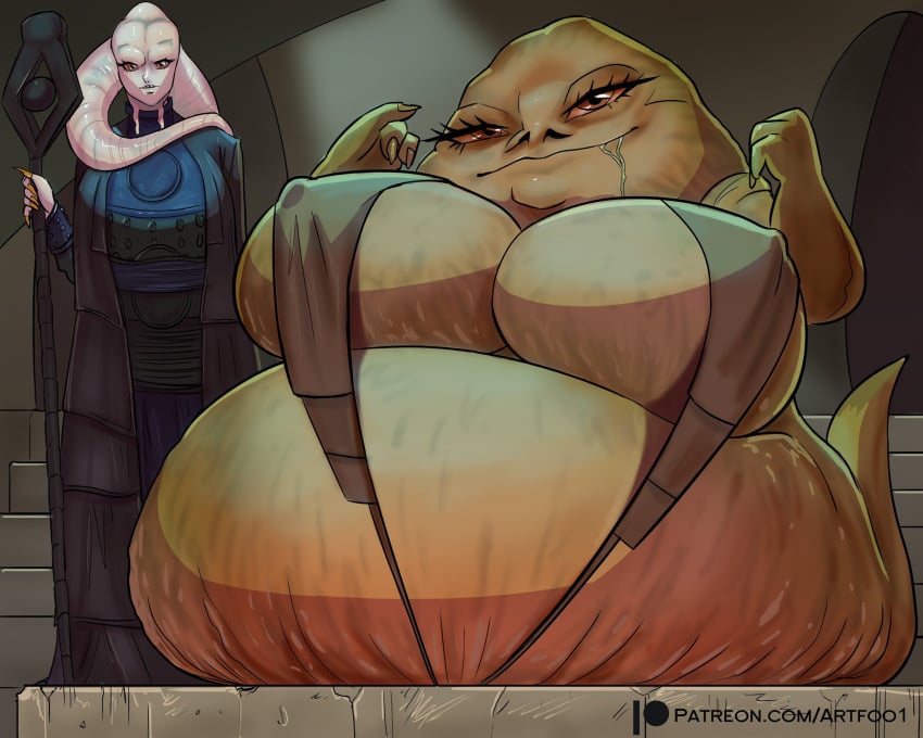 2girls artfoo_1 belly bib_fortuna big_belly big_breasts chubby chubby_female cleavage eyebrows eyelashes female female_only genderswap genderswap_(mtf) green_body green_skin huge_belly huge_breasts hutt jabba_the_hutt large_breasts looking_at_viewer navel nipple_bulge obese red_eyes rule_63 saliva saliva_trail star_wars white_body white_skin