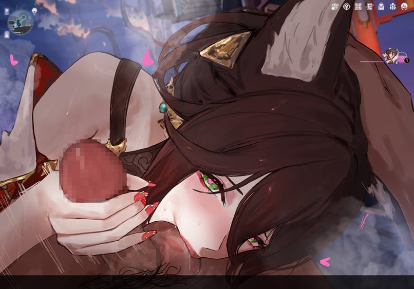 animal_ears blush brown_hair censored dark-skinned_male earrings fox_ears game_screenshot green_eyes handjob headpat heart heart-shaped_pupils honkai:_star_rail honkai_(series) jewelry male_pov mosaic_censoring nail_polish penis pov pov_eye_contact sawaki_ken symbol-shaped_pupils testicles tingyun_(honkai:_star_rail) user_interface