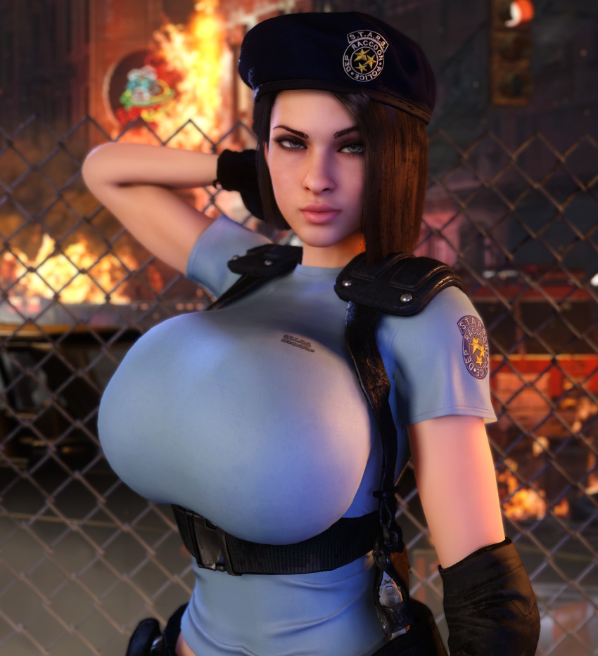 1girls 3d 3d_(artwork) alternate_breast_size big_breasts breasts breasts_bigger_than_head capcom clothed clothed_female female female_only female_solo fence fingerless_gloves gloves hat huge_breasts human human_female human_only human_solo jill_valentine large_breasts looking_at_viewer resident_evil resident_evil_3 resident_evil_3_remake solo solo_female vaako